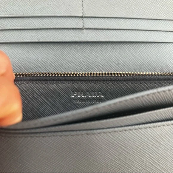 Prada Saffiano Leather Light Blue Metal Flap Bar Continental Wallet - Picture 5 of 13
